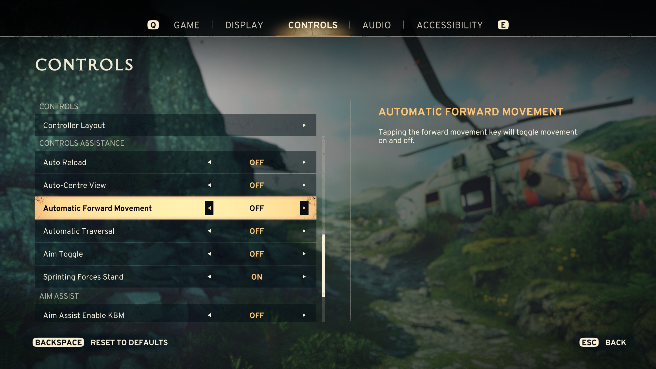 The Atomfall controls menu. It shows options for Auto Reload, Automatic Forward Movement, Automatic Traversal, Aim Toggle, Sprinting Forces Stand and Aim Assist.