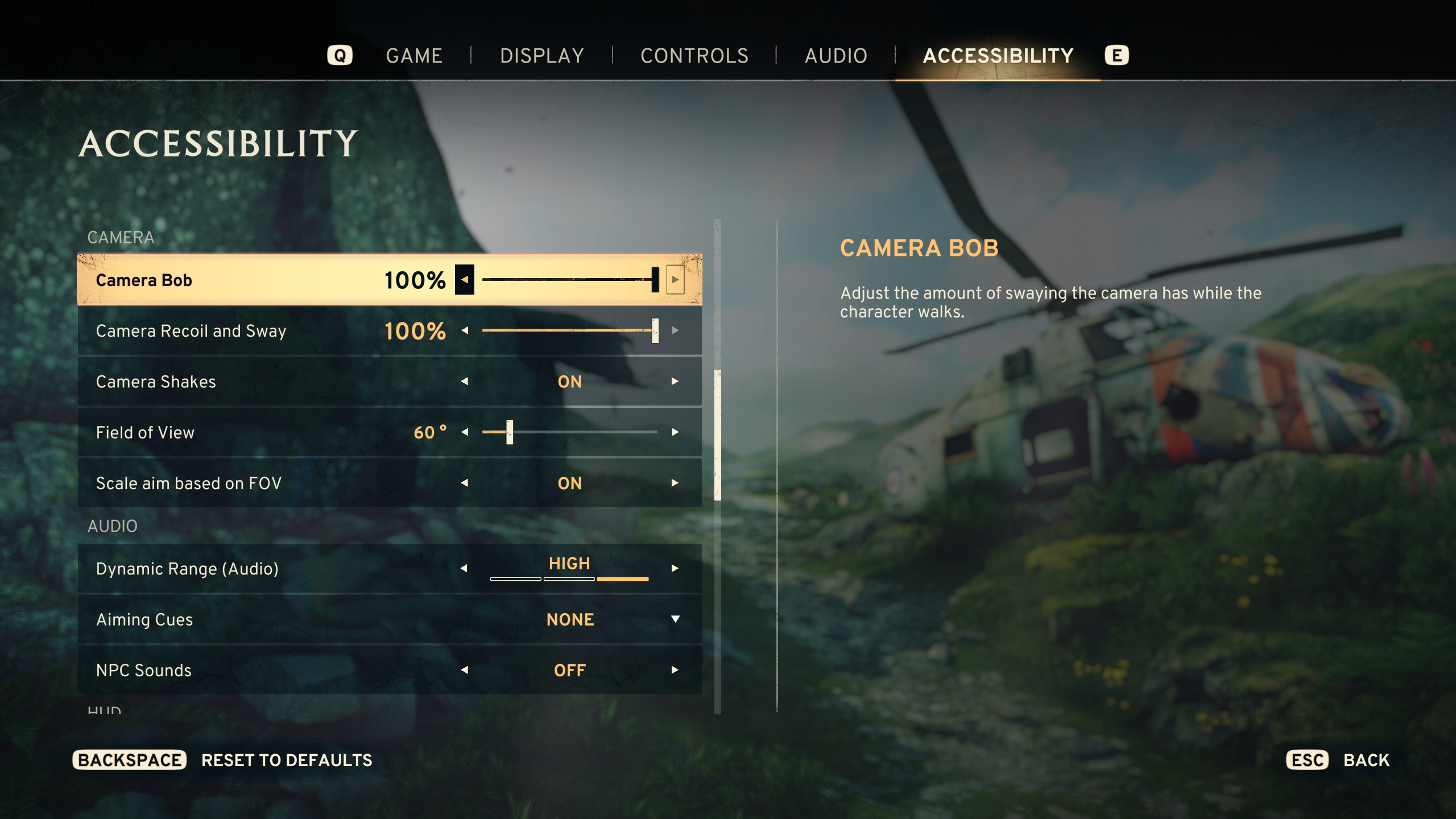 The Atomfall accessibility menu. It shows options for Camera like Bob, Recoil and Sway, Shakes, Field of View and some audio options like Aiming Cues and NPC Sounds.