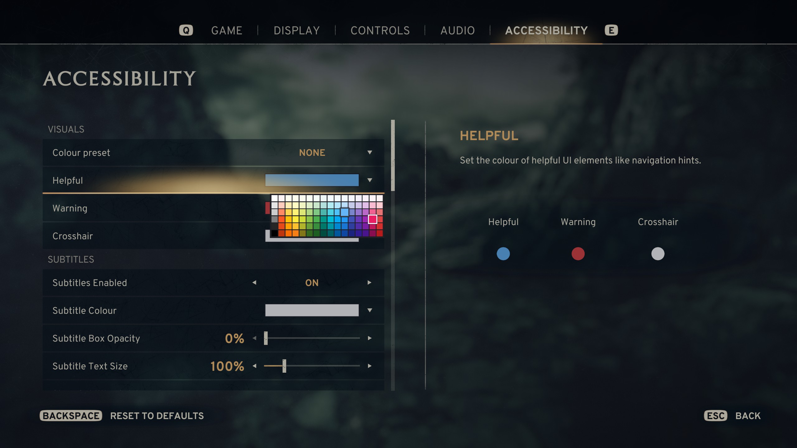 The Atomfall accessibility menu. It has the ‘Helpful Colour‘ option selected, which has opened a colour picker. The user is selecting a colour from a gradient-grid of colours.